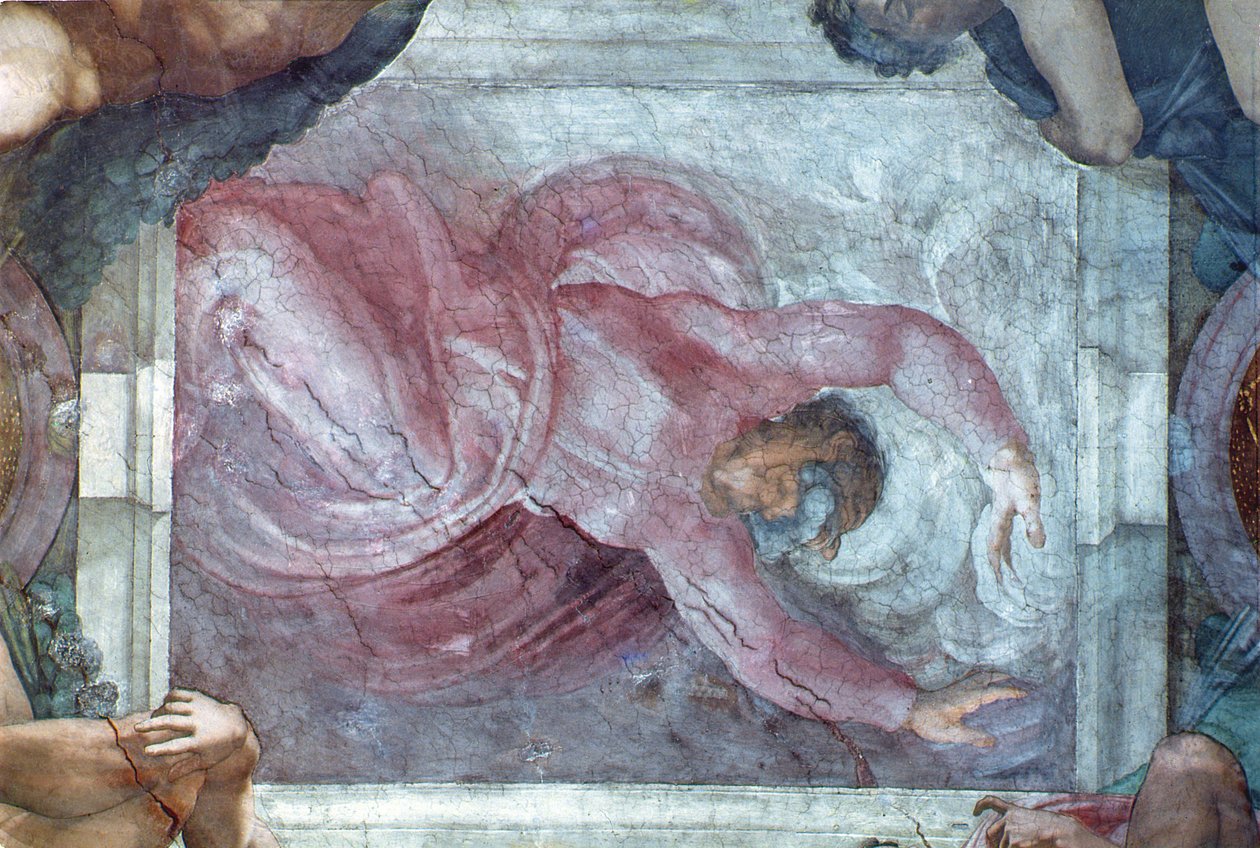 Sixtijnse Kapel Plafond: God scheidt licht van duisternis (voor restauratie) door Michelangelo Buonarroti