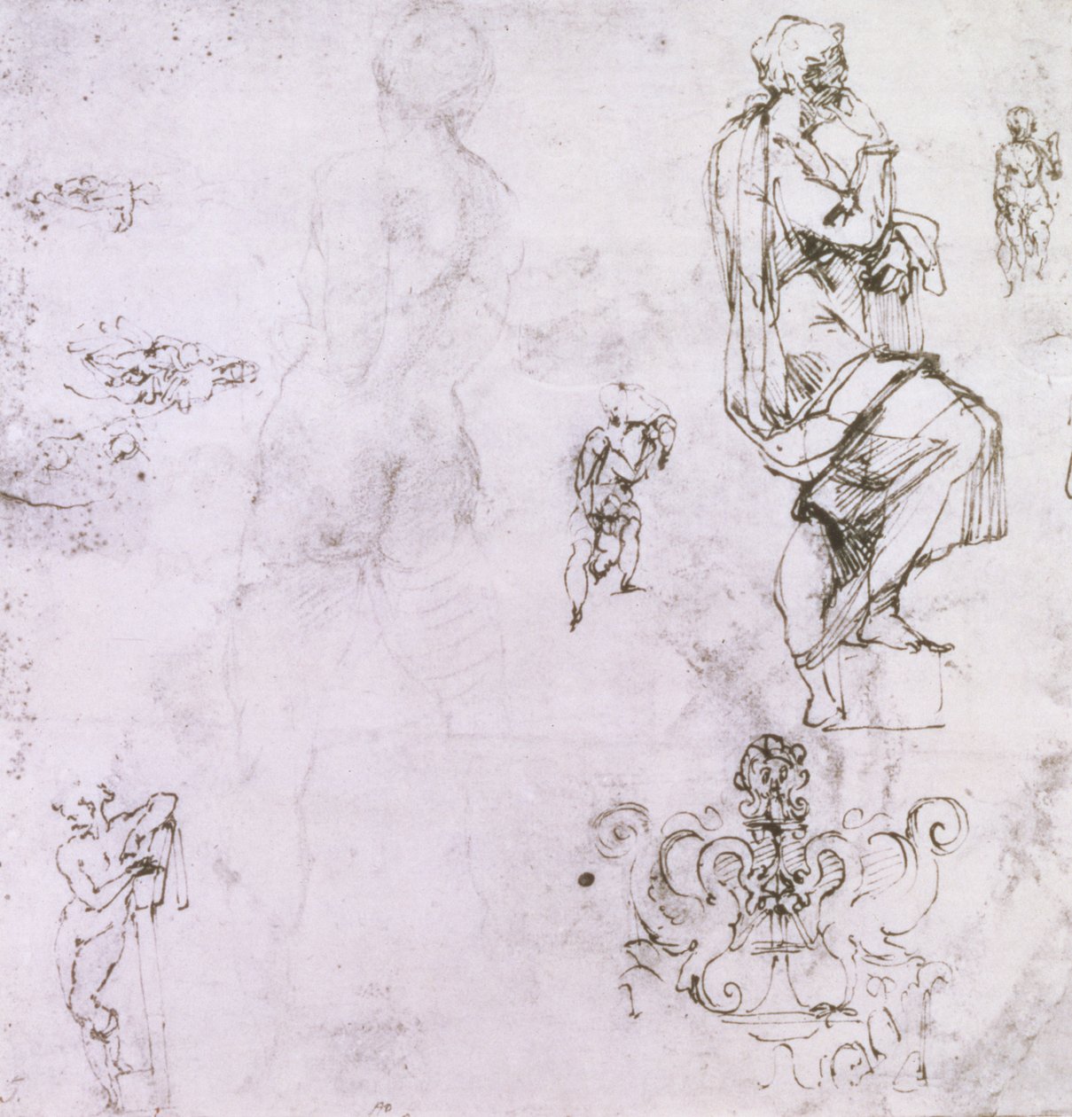 Schetsen van mannelijke naakten, een madonna en kind en een decoratief embleem door Michelangelo Buonarroti