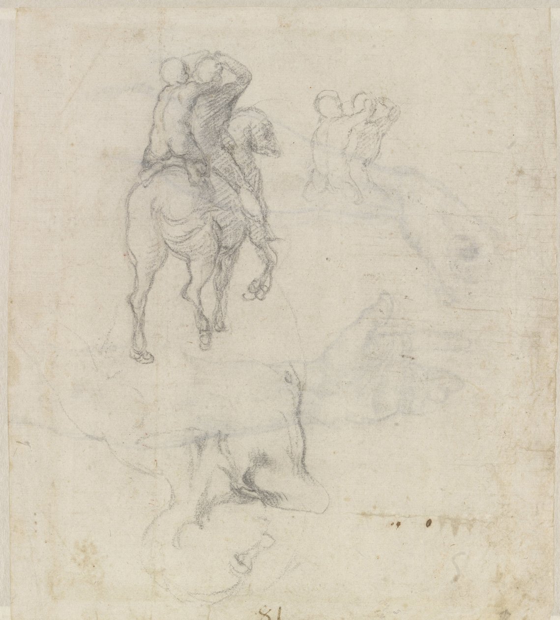 Studies van een paard met twee naakte ruiters en een mannelijk torso door Michelangelo Buonarroti