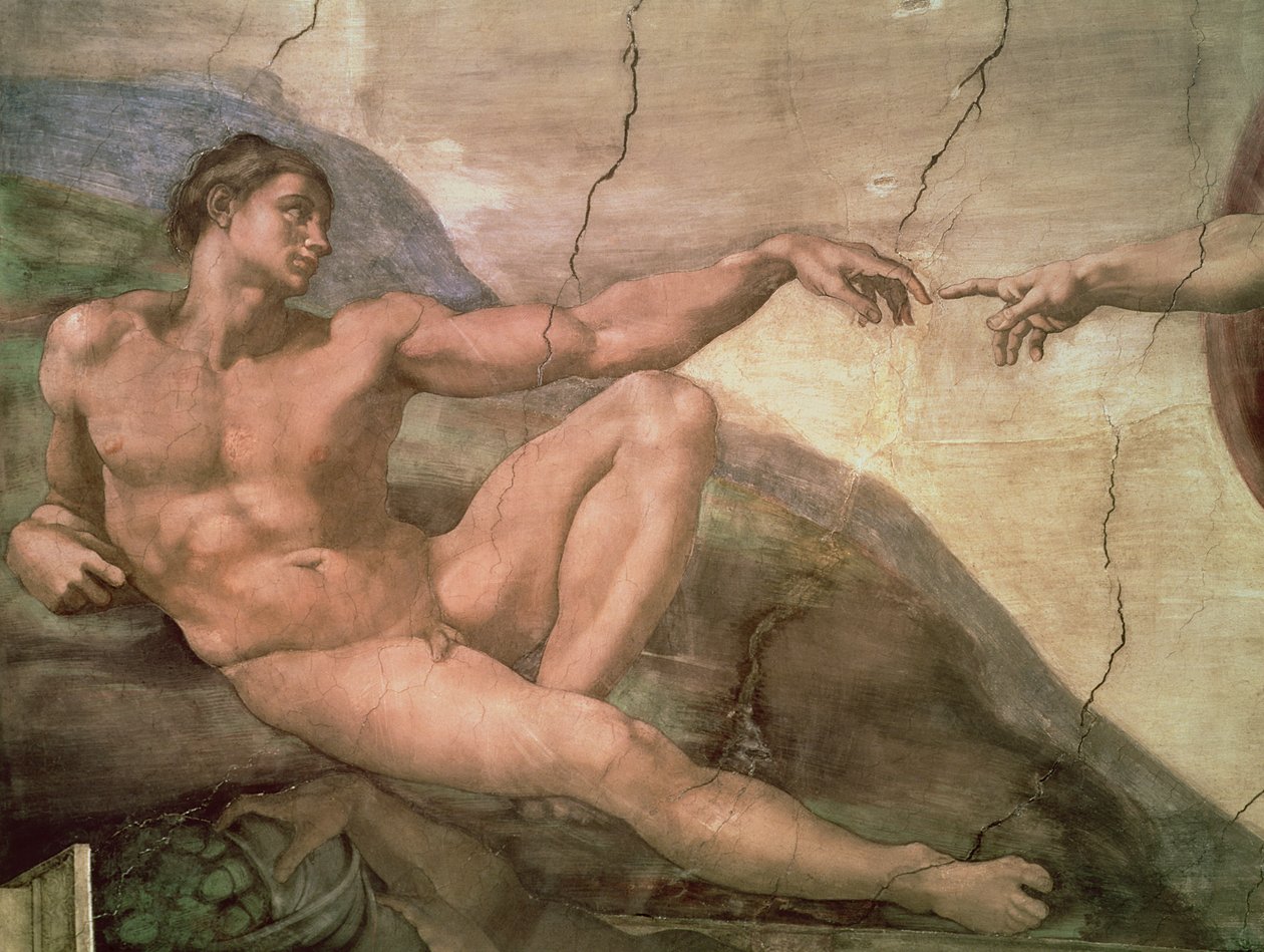 De schepping van Adam, van het plafond van de Sixtijnse Kapel, 1511 (voor restauratie) door Michelangelo Buonarroti