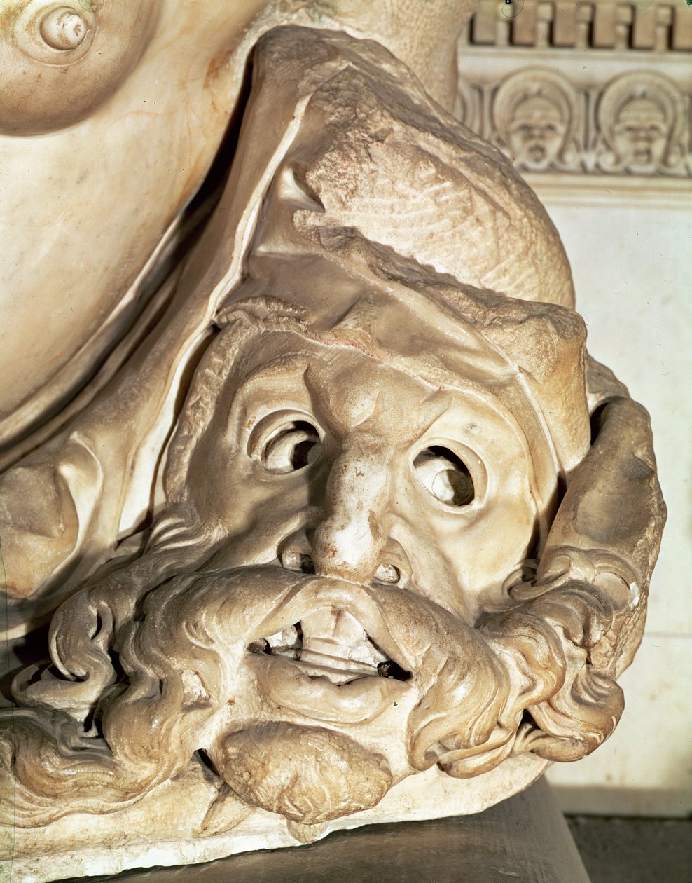 Het graf van Giuliano de Medici 1478-1516 (detail van het tragische masker onder de arm van Nacht) door Michelangelo Buonarroti