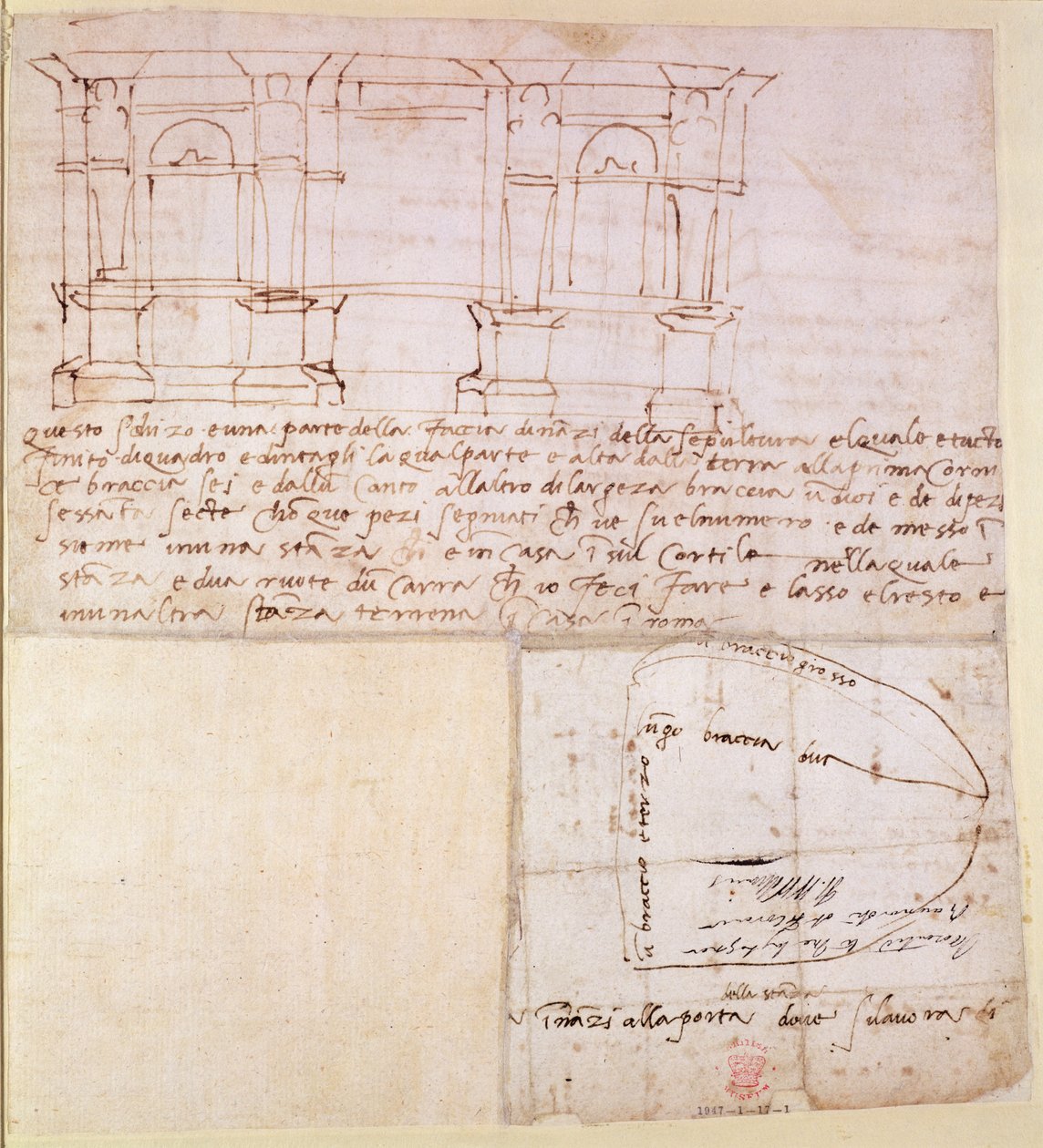 W.23r Architecturale schets met notities (pen en inkt) door Michelangelo Buonarroti