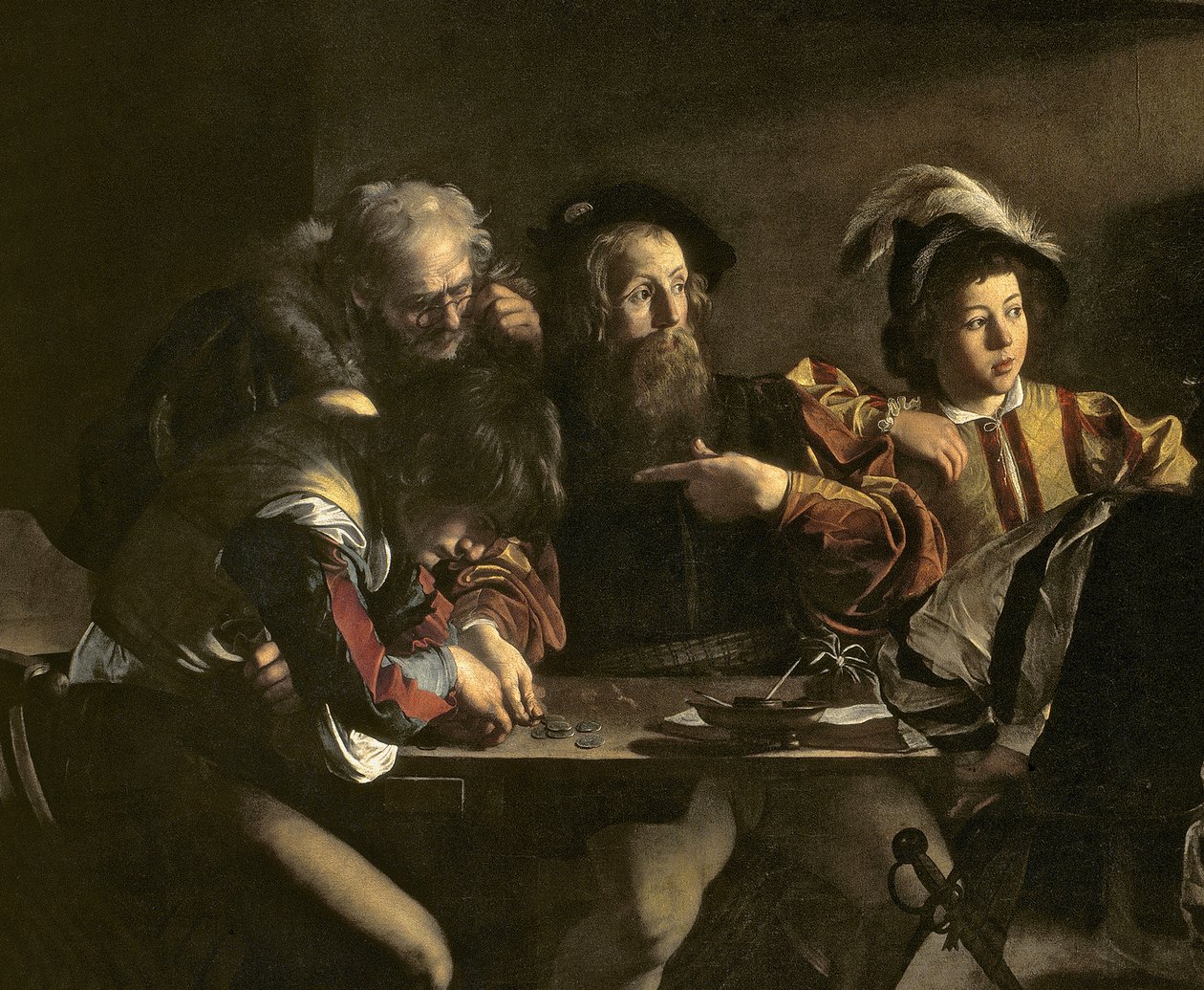 De roeping van St. Mattheüs, ca. 1598-1601 (detail) door Michelangelo Merisi Caravaggio
