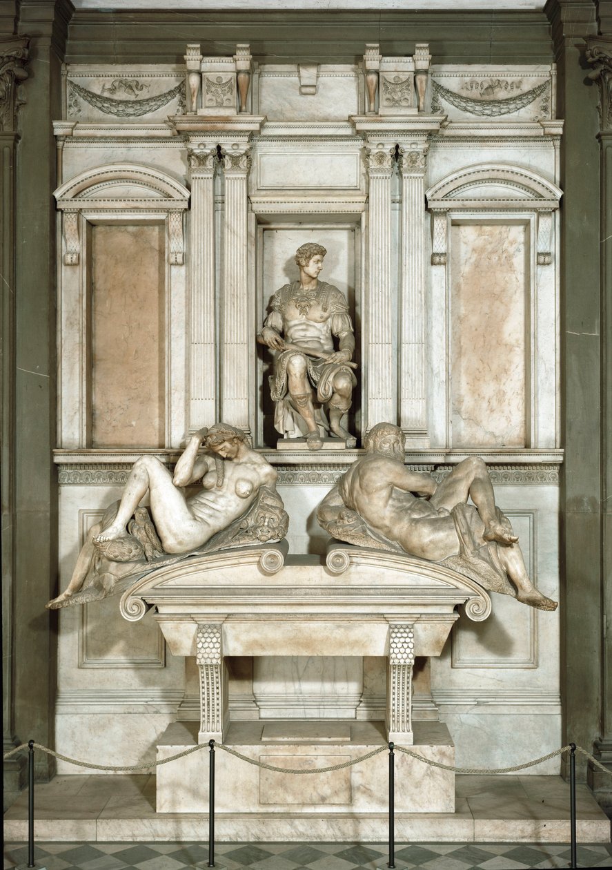 Allegorie van Dag en Nacht, mausoleum van Giuliano de Medici. Marmeren beeldhouwwerk door Michelangelo Buonarroti