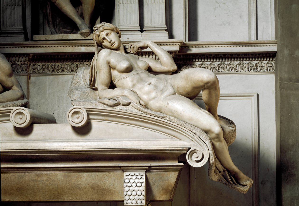 Allegorie van de Dageraad. Graf van Laurent II van Medicis. Marmeren sculptuur 1531 door Michelangelo Buonarroti