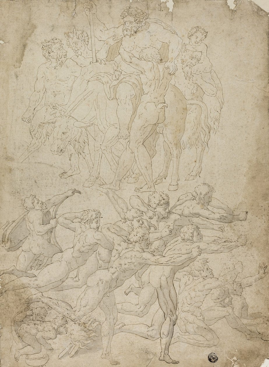 Boogschutters die schieten op een Herm, Triomf van Bacchus, en Andere Studies door Michelangelo Buonarroti
