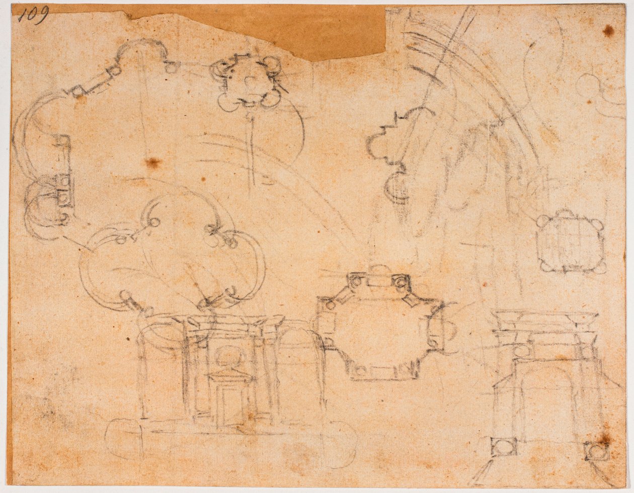 Bouwplannen, gevels en koepelschetsen voor de Sforza-kapel door Michelangelo Buonarroti