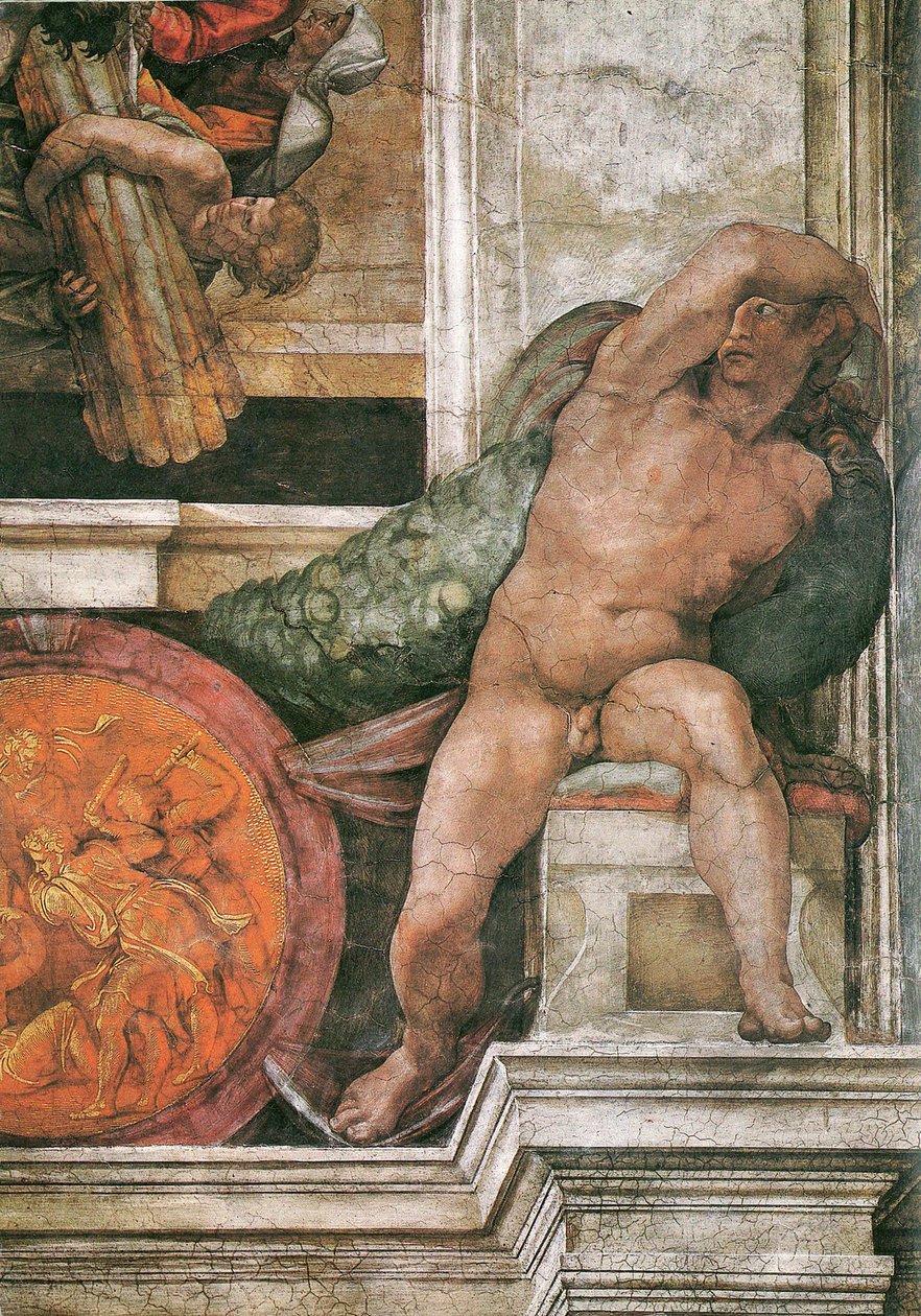 Detail van het plafond van de Sixtijnse Kapel in het Vaticaan, 1508-1512 door Michelangelo Buonarroti
