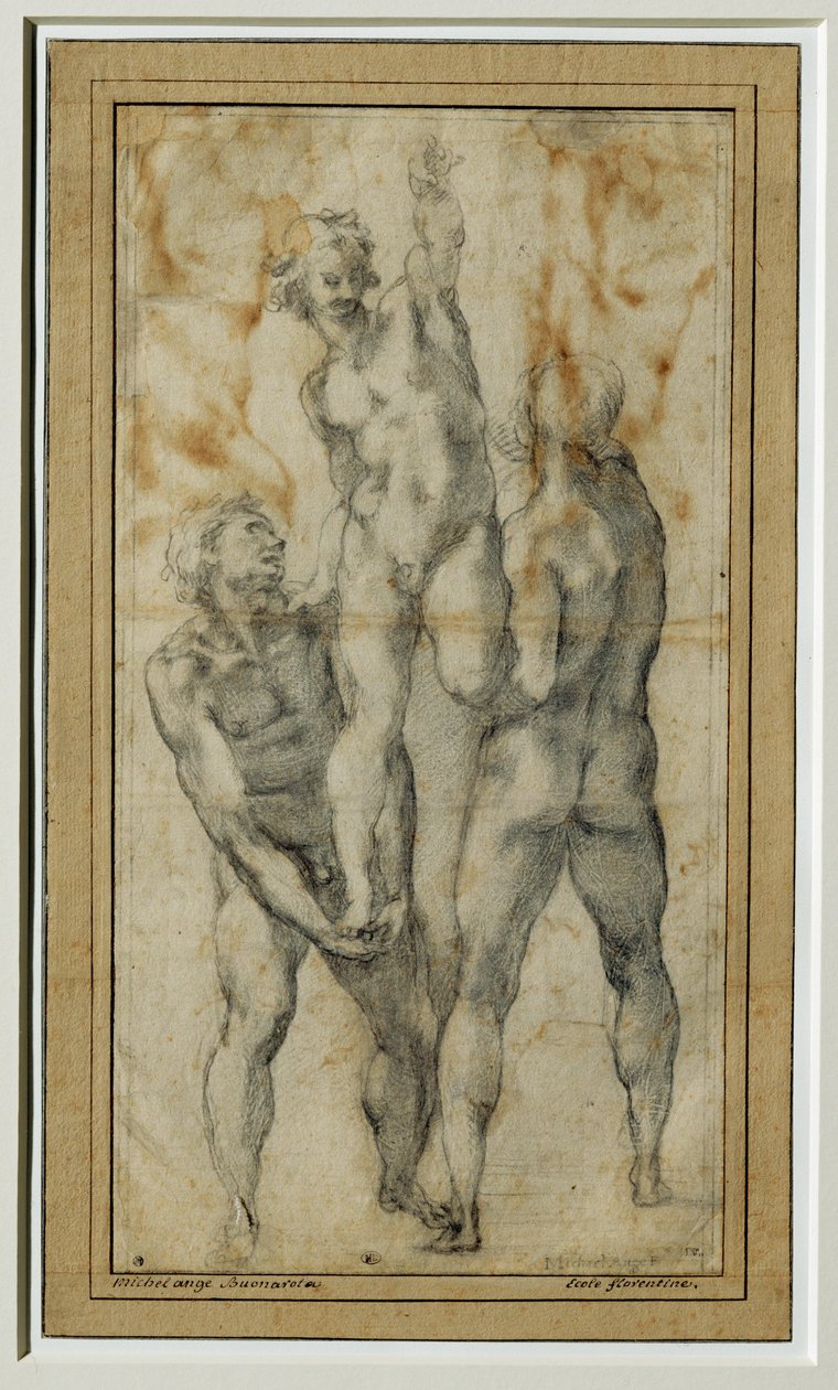 Twee naakte mannen tillen een derde op, ca. 1502-06 ... door Michelangelo Buonarroti