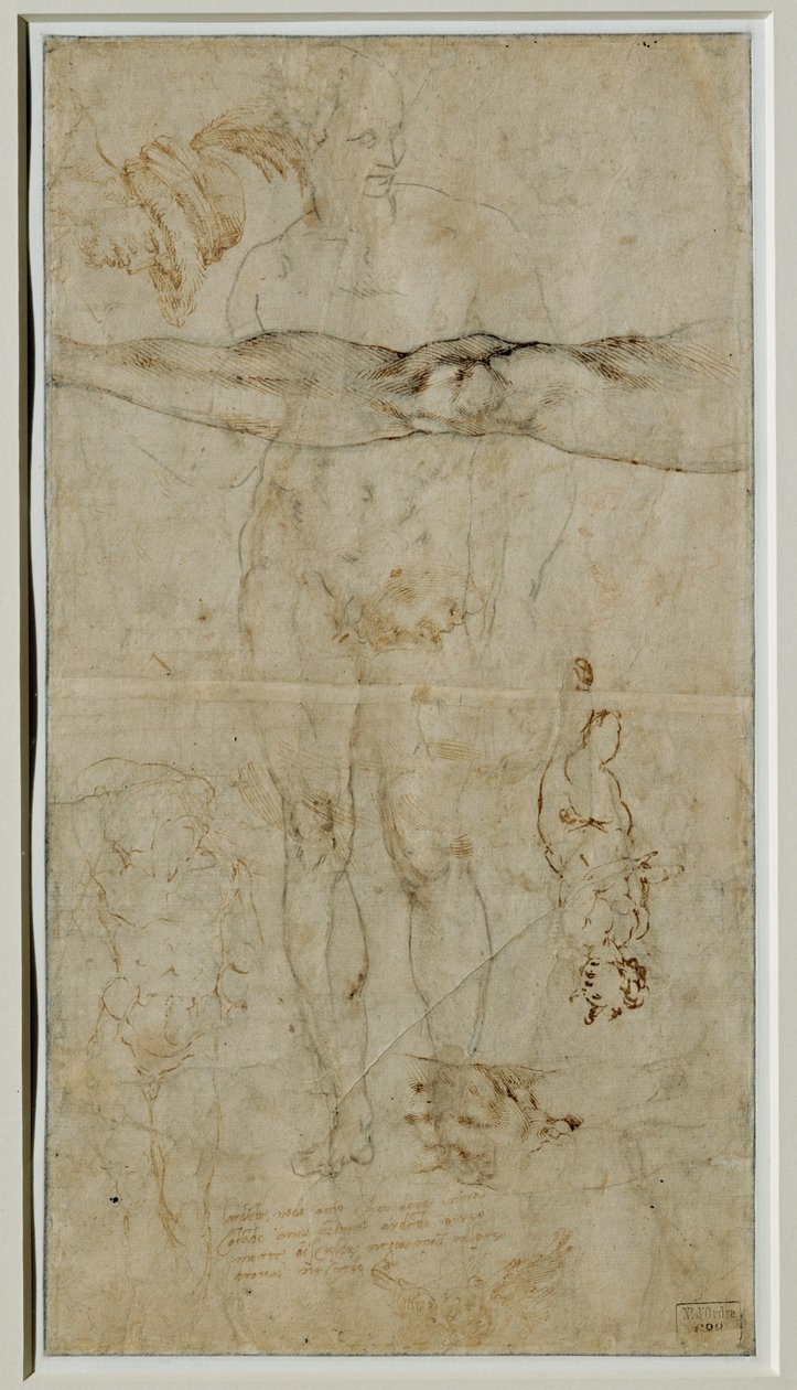 Diverse studies van figuren, inscriptie gebaseerd op een sonnet van Petrarca, circa 1506 ... door Michelangelo Buonarroti