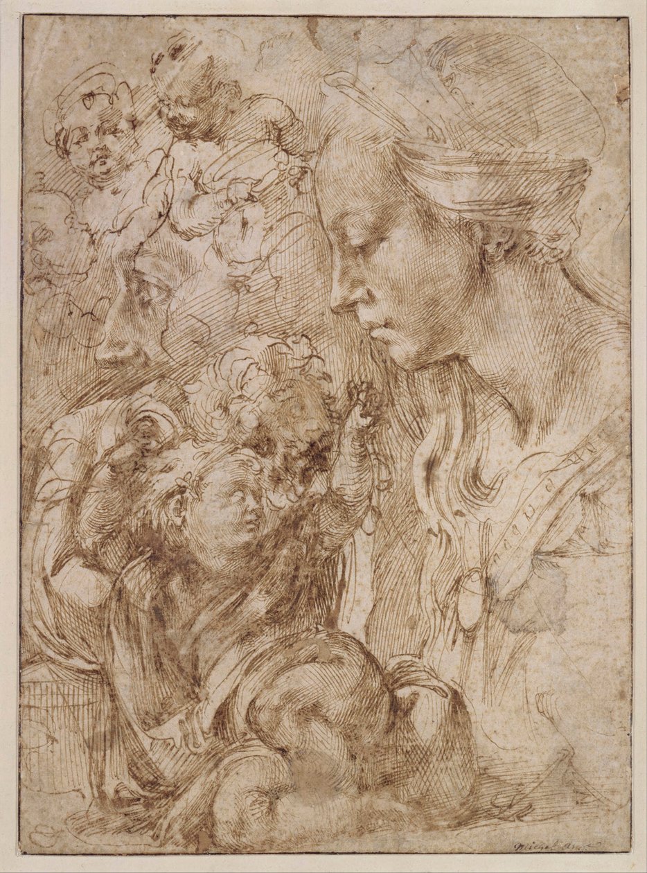 Etude voor de Heilige Familie met Johannes de Doper als kind (detail) door Michelangelo Buonarroti