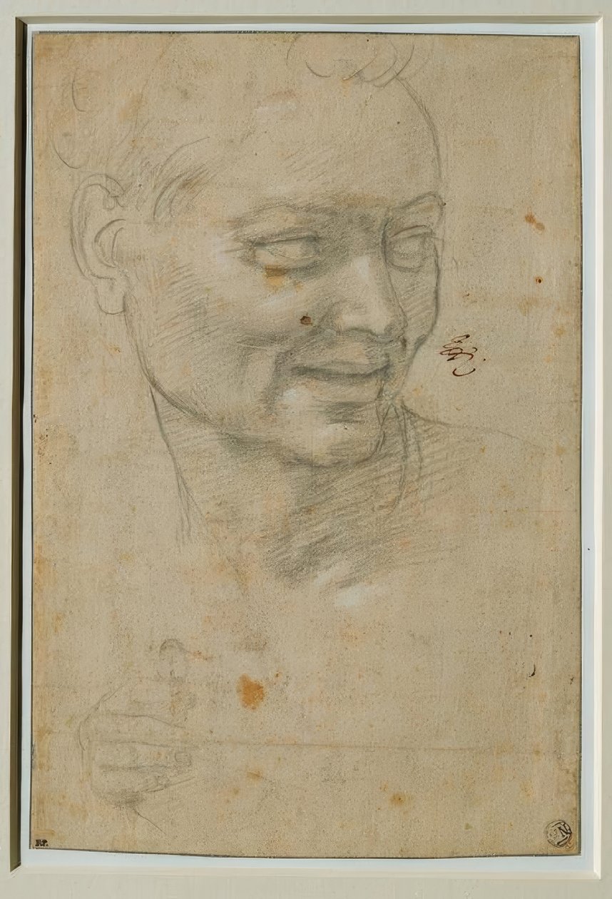 Hoofd en rechterhand van de Ignudo boven en links van Jesaja door Michelangelo Buonarroti
