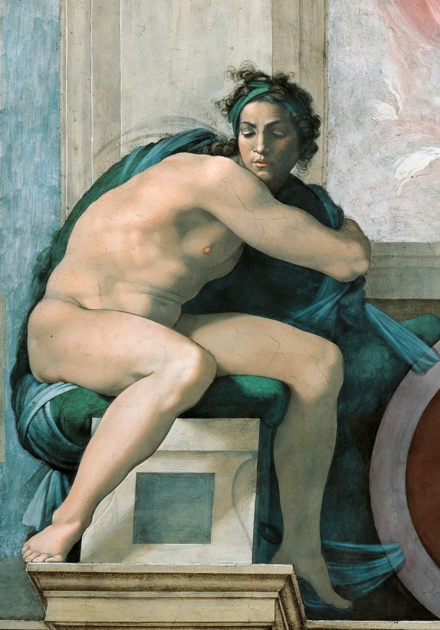 Ignudo Sixtijnse Kapel plafond in het Vaticaan, 1508-1512 door Michelangelo Buonarroti
