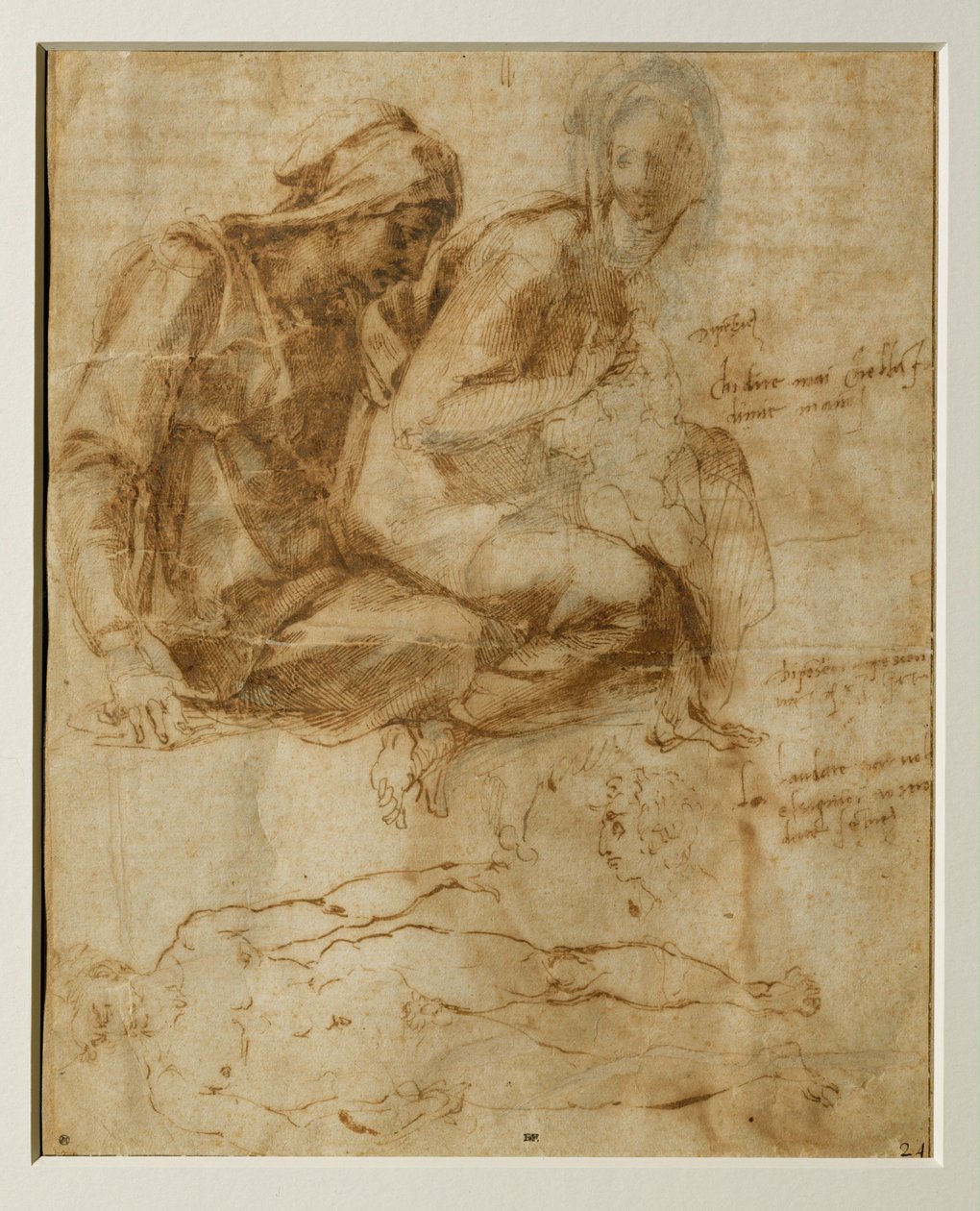 De maagd, het kind en de heilige Anna, mannelijk naakt ... door Michelangelo Buonarroti