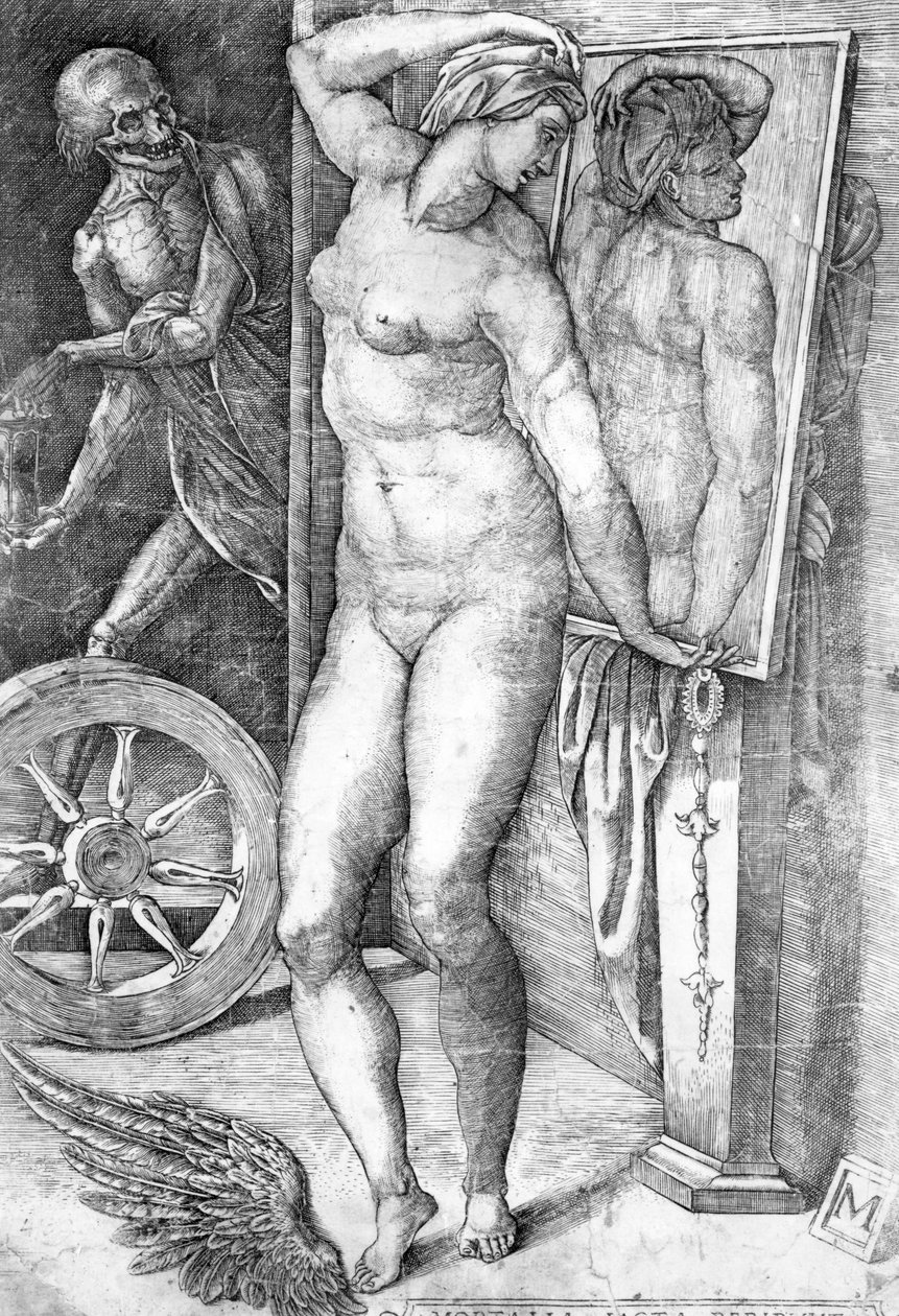 Naakt kijkt naar zichzelf in een spiegel door Michelangelo Buonarroti