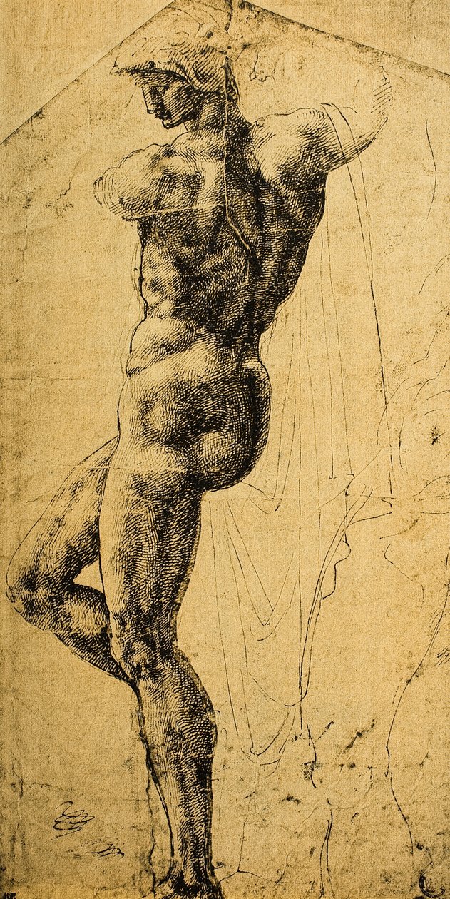 Naaktstudie; tekening door Michelangelo door Michelangelo Buonarroti
