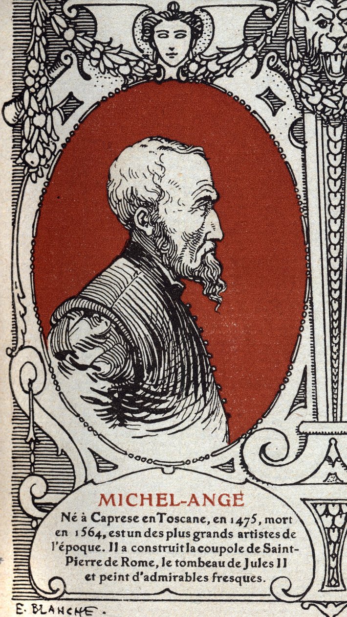 Portret van de Italiaanse renaissance schilder Michelangelo Buonarroti, ook bekend als Michelangelo door Michelangelo Buonarroti