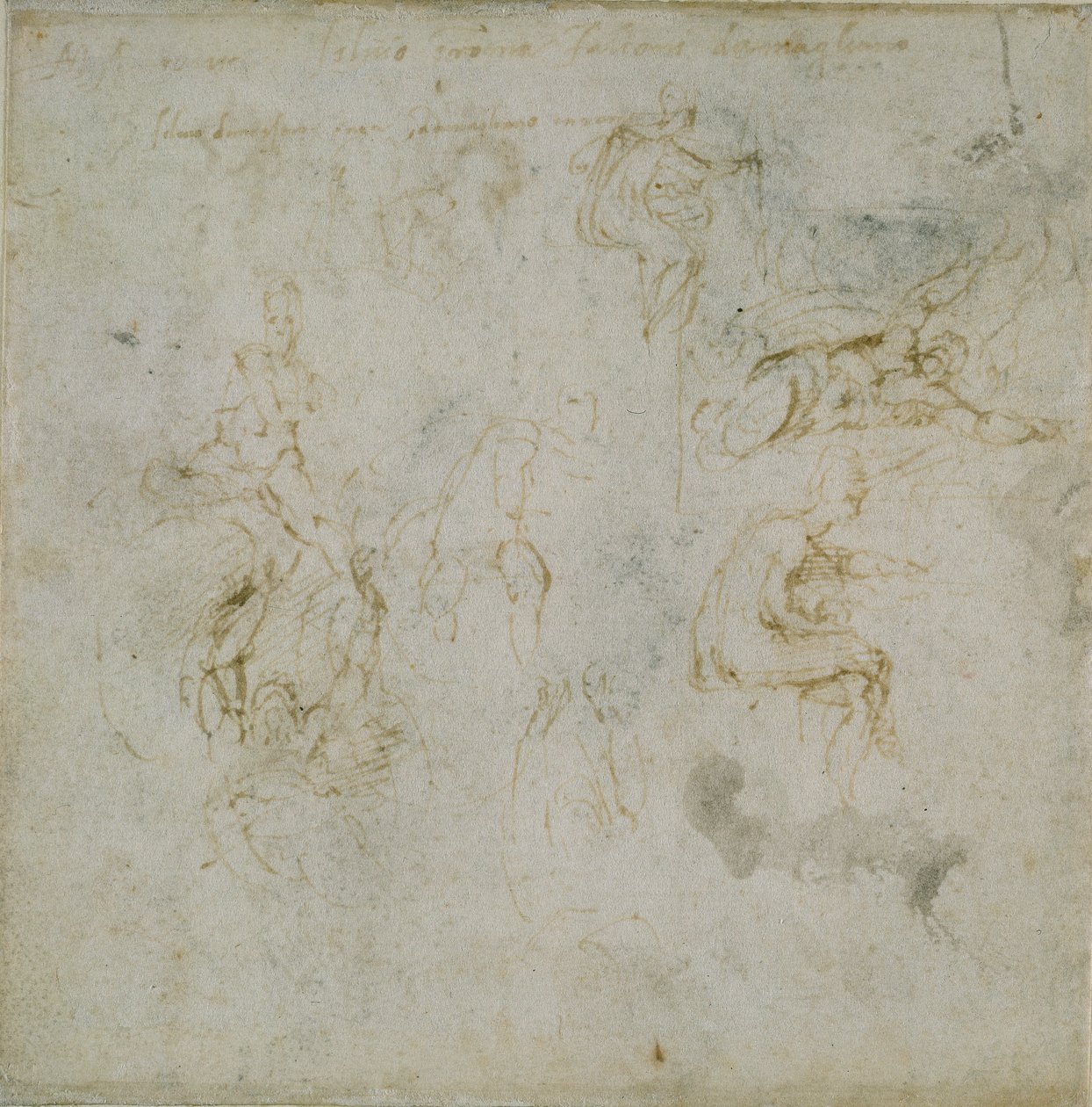 Recto: Acht Figurenstudies. Verso: Figurenstudie, ca. 1490-1560 door Michelangelo Buonarroti