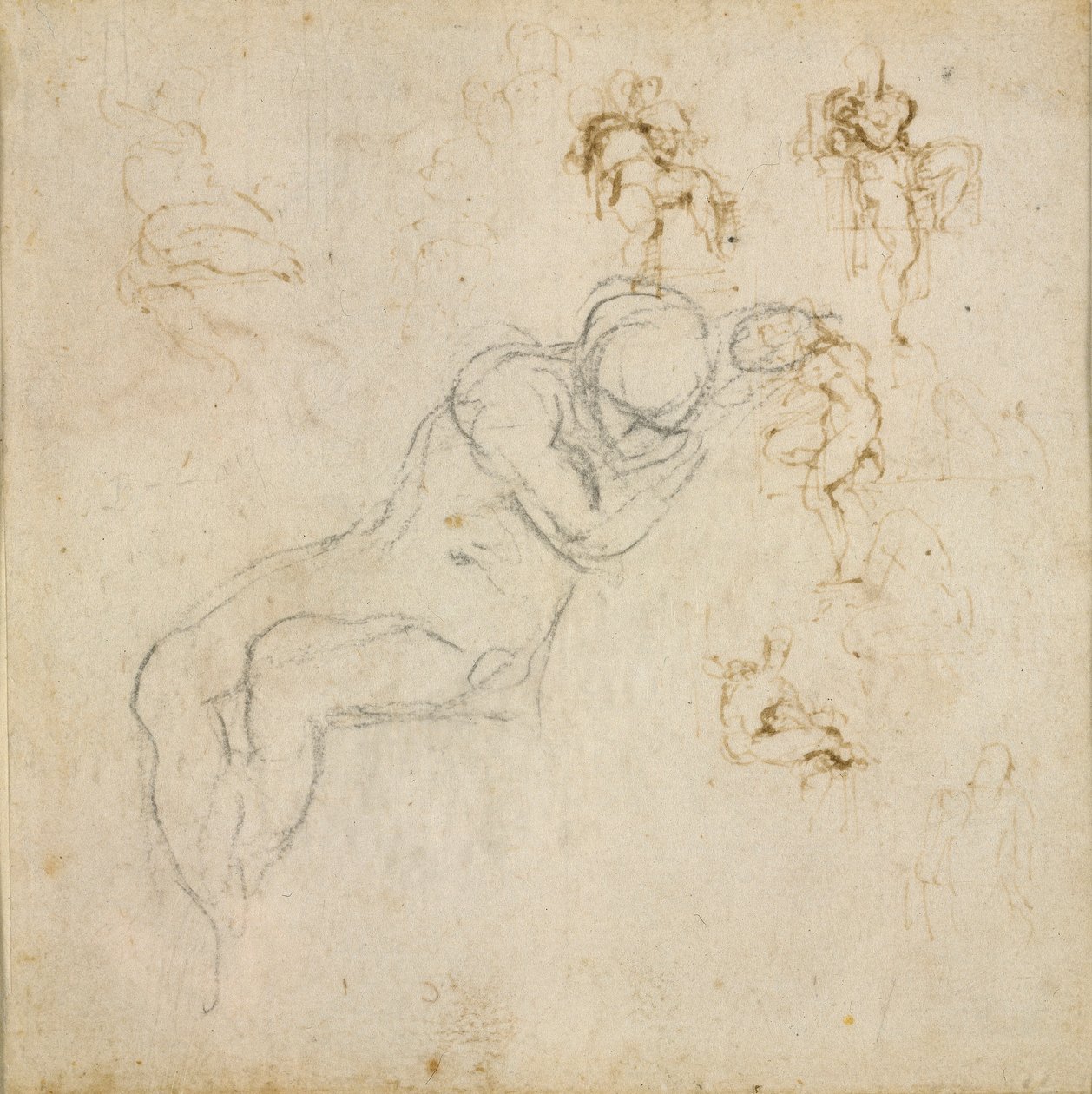 Recto: Acht figuurstudies. Verso: Figuurstudie door Michelangelo Buonarroti