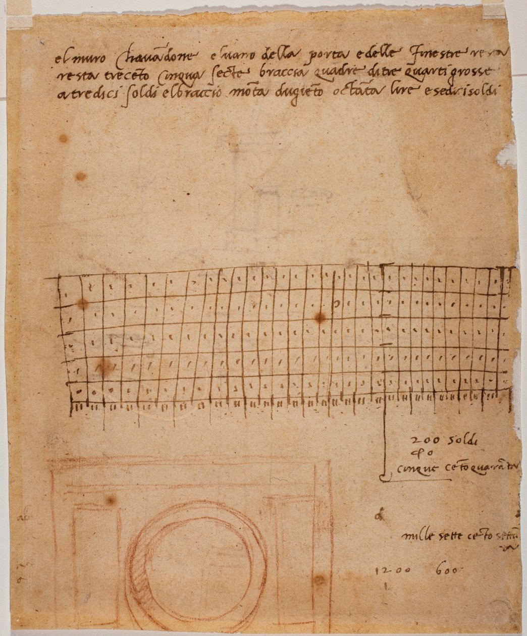 Schets voor een raam, handgeschreven aantekeningen en grafische berekening door Michelangelo Buonarroti