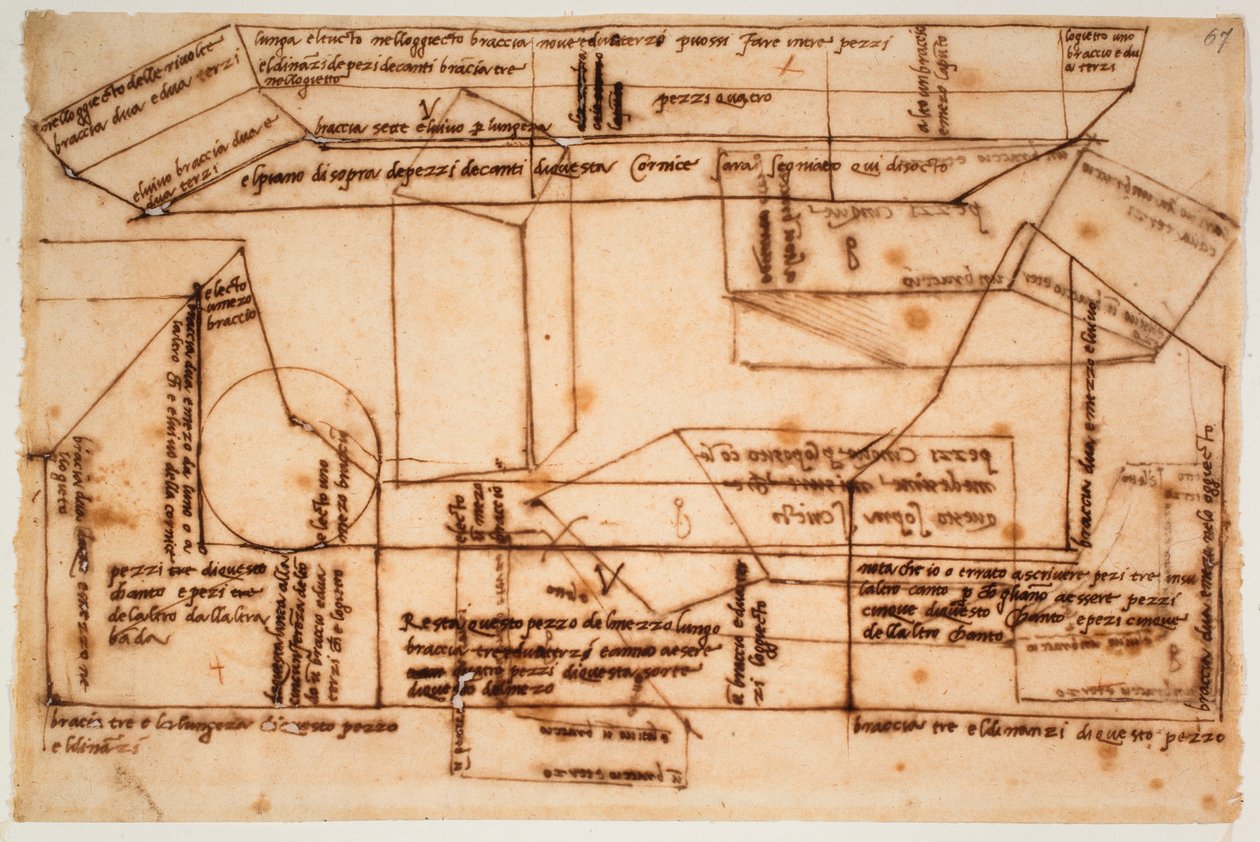 Schetsen van marmerblokken voor het graf van Julius II door Michelangelo Buonarroti