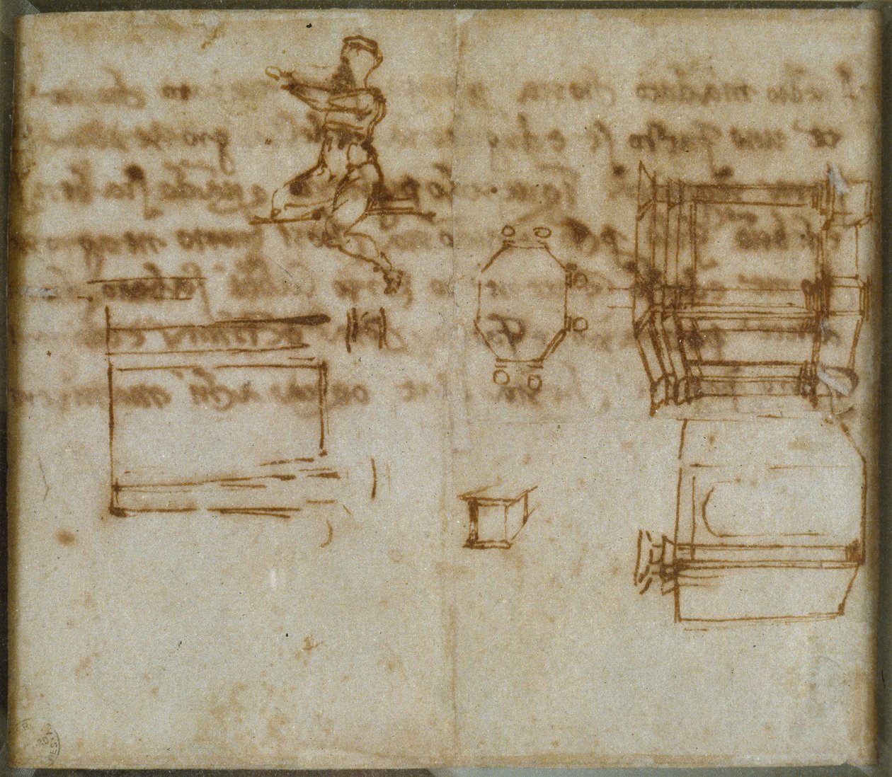 Lichte Schetsen van Architectuur en een kleine Figurenstudie, laat 15e-begin 16e eeuw door Michelangelo Buonarroti
