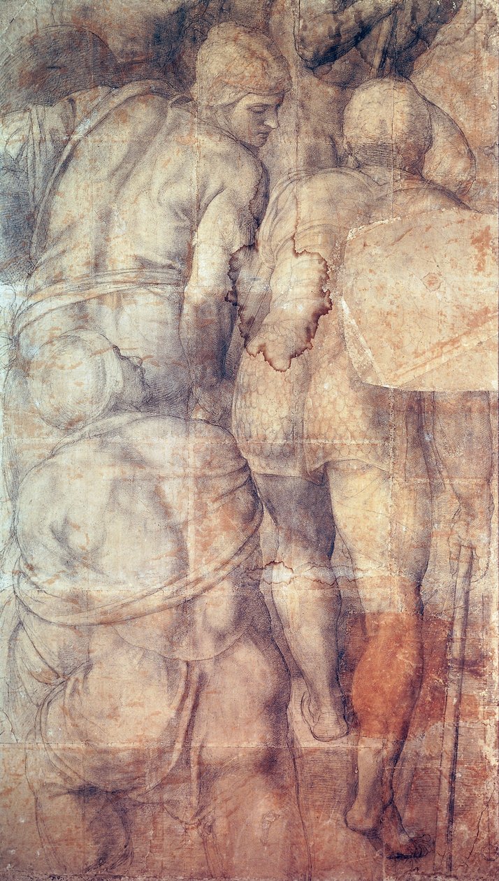 Soldaten, voorbereidende tekening voor fresco van de Kruisiging van Sint-Petrus in de Pauline Kapel in het Vaticaan door Michelangelo Buonarroti