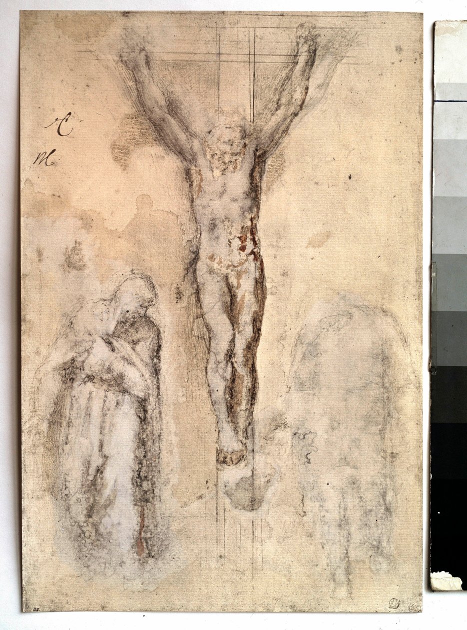 Studie voor een kruisiging. Voorstelling van Christus aan het kruis met de Maagd en Sint Jan. Tekening door Michelangelo Buonarroti, bekend als Michelangelo door Michelangelo Buonarroti