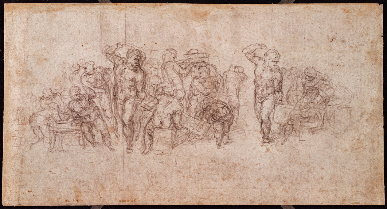 Studie van Figuren voor een Verhalende Scène (zwarte krijt op papier) (recto) door Michelangelo Buonarroti