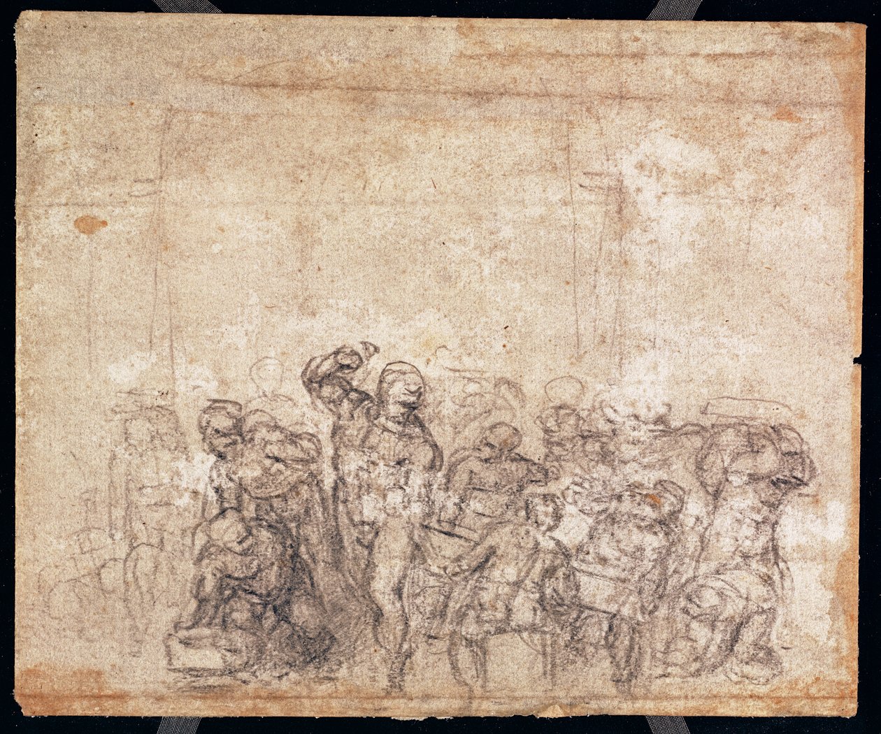 Studie van figuren voor een verhalende scène (zwarte krijt op papier) (verso) door Michelangelo Buonarroti