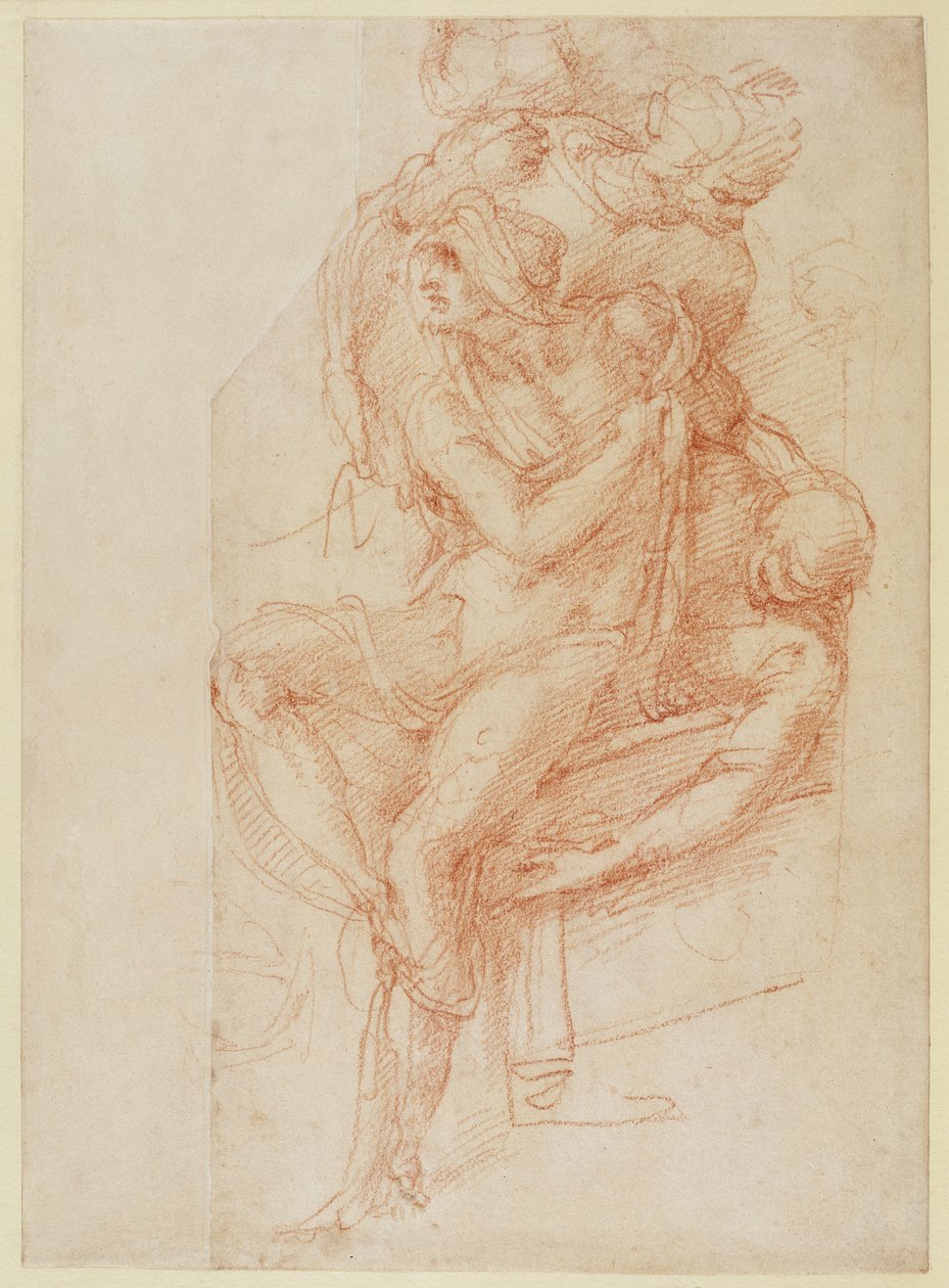 Studie van Lazarus en twee begeleidende figuren (rood krijt op papier) door Michelangelo Buonarroti