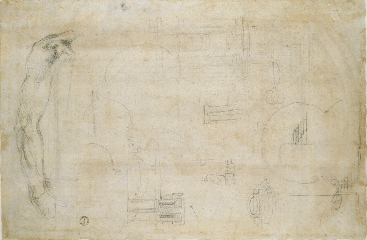 Studie van een mannenarm en enkele architecturale schetsen, ca. 1490-1560 door Michelangelo Buonarroti
