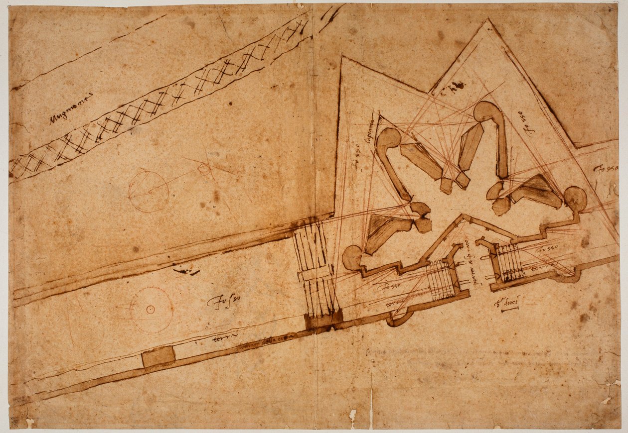 Studie van vestingwerken voor de Porta al Prato door Michelangelo Buonarroti