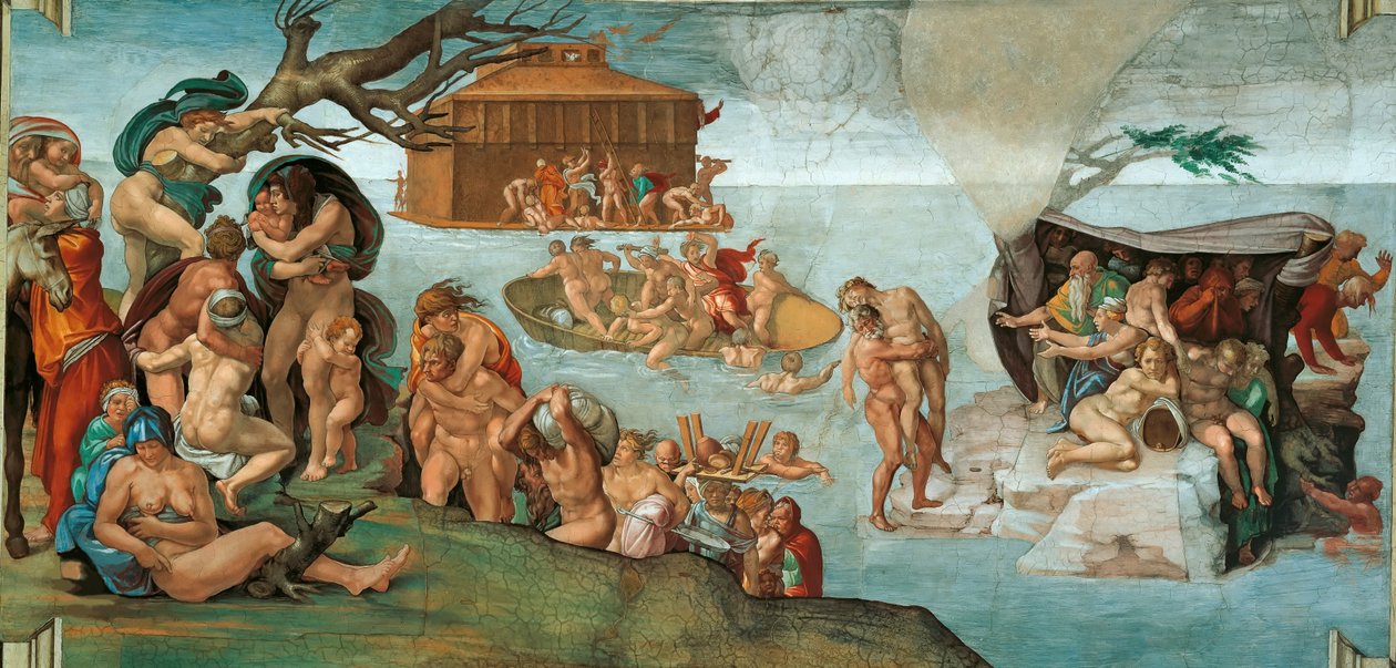 De zondvloed, Sixtijnse Kapel plafond in het Vaticaan, 1508-1512 door Michelangelo Buonarroti