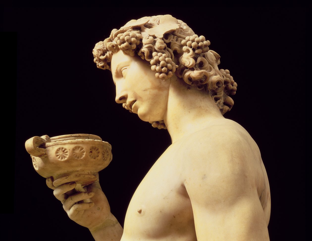 De dronkenschap van Bacchus, detail van zijn hoofd, beeldhouwwerk door Michelangelo Buonarroti (detail) door Michelangelo Buonarroti