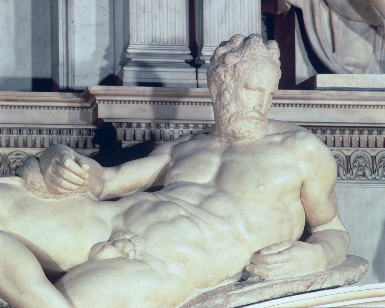 Graf van Lorenzo de Medici, detail van Schemer (marmer) door Michelangelo Buonarroti