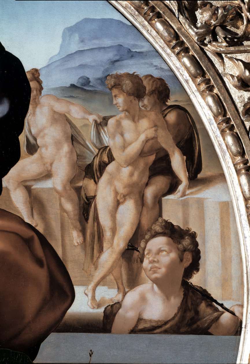 Tondo Doni: De Heilige Familie met de jonge Johannes de Doper (detail) door Michelangelo Buonarroti