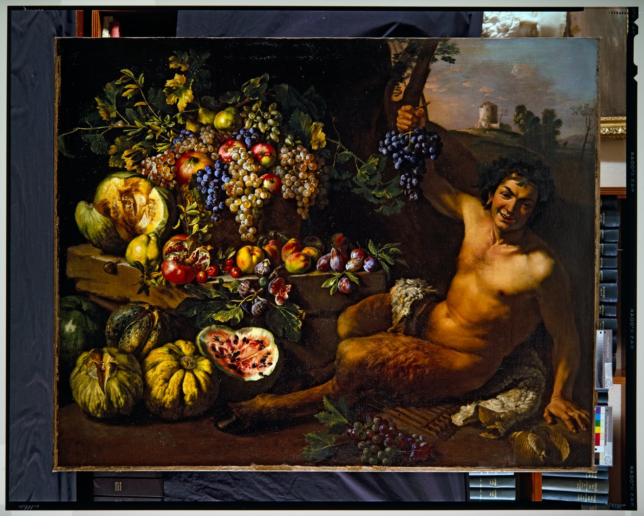 Stilleven met een sater in een landschap door Michelangelo Cerquozzi