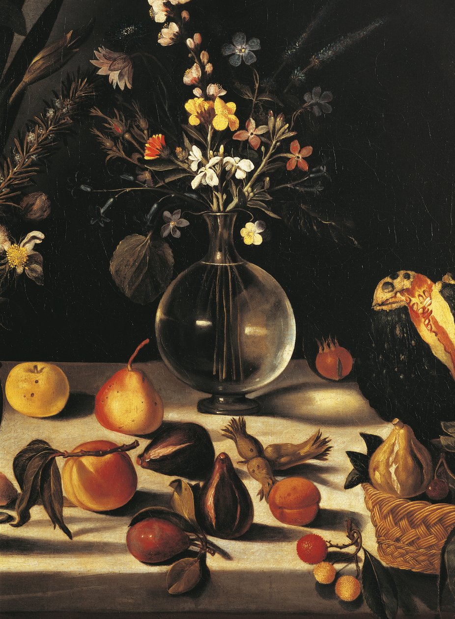 Stilleven met bloemen en fruit, door Meester van het Hartford Stilleven, ca. 1600-10 (detail) door Michelangelo Merisi da Caravaggio
