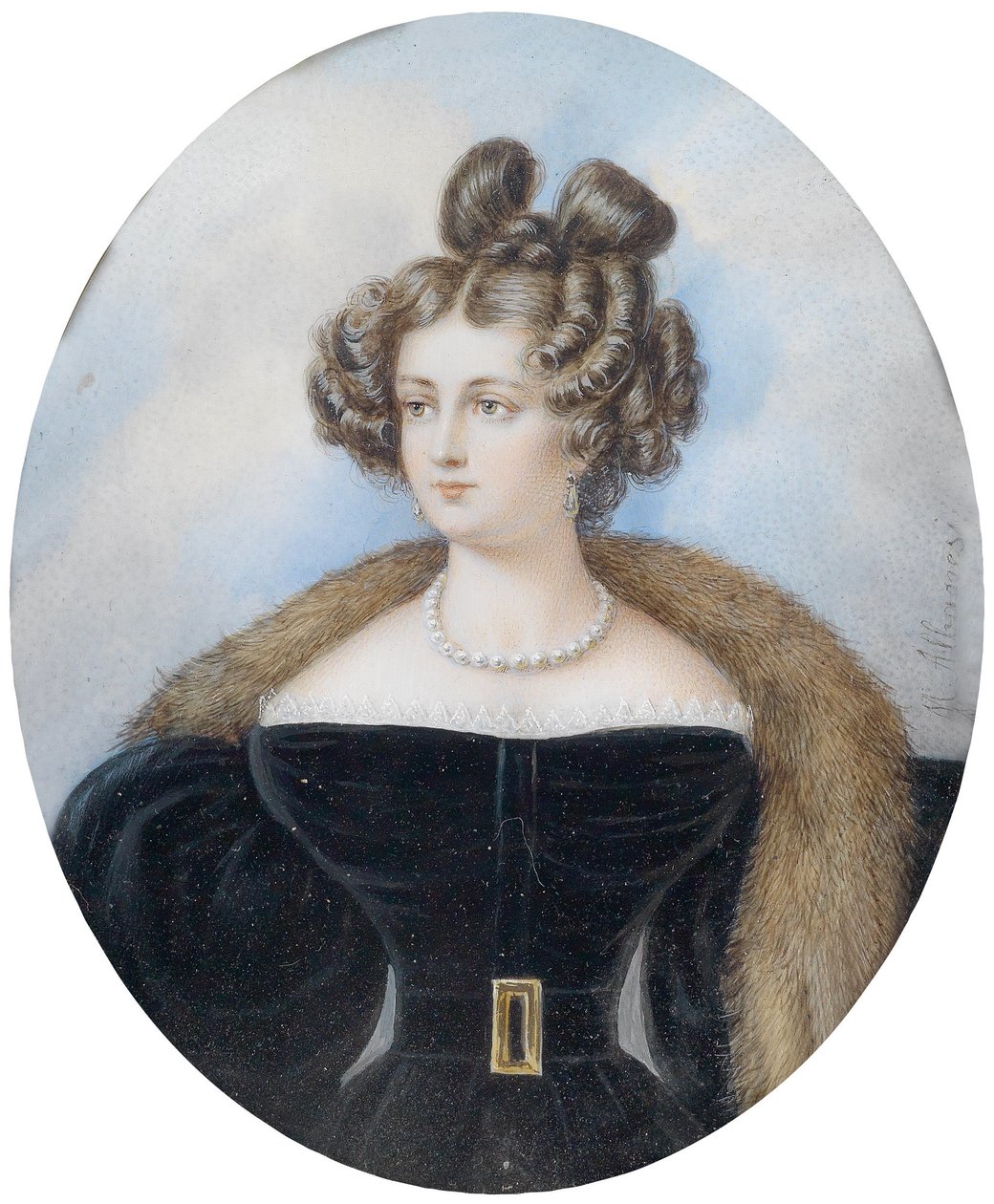 Portret van een dame in een zwarte jurk en bontstola door Michele Albanesi