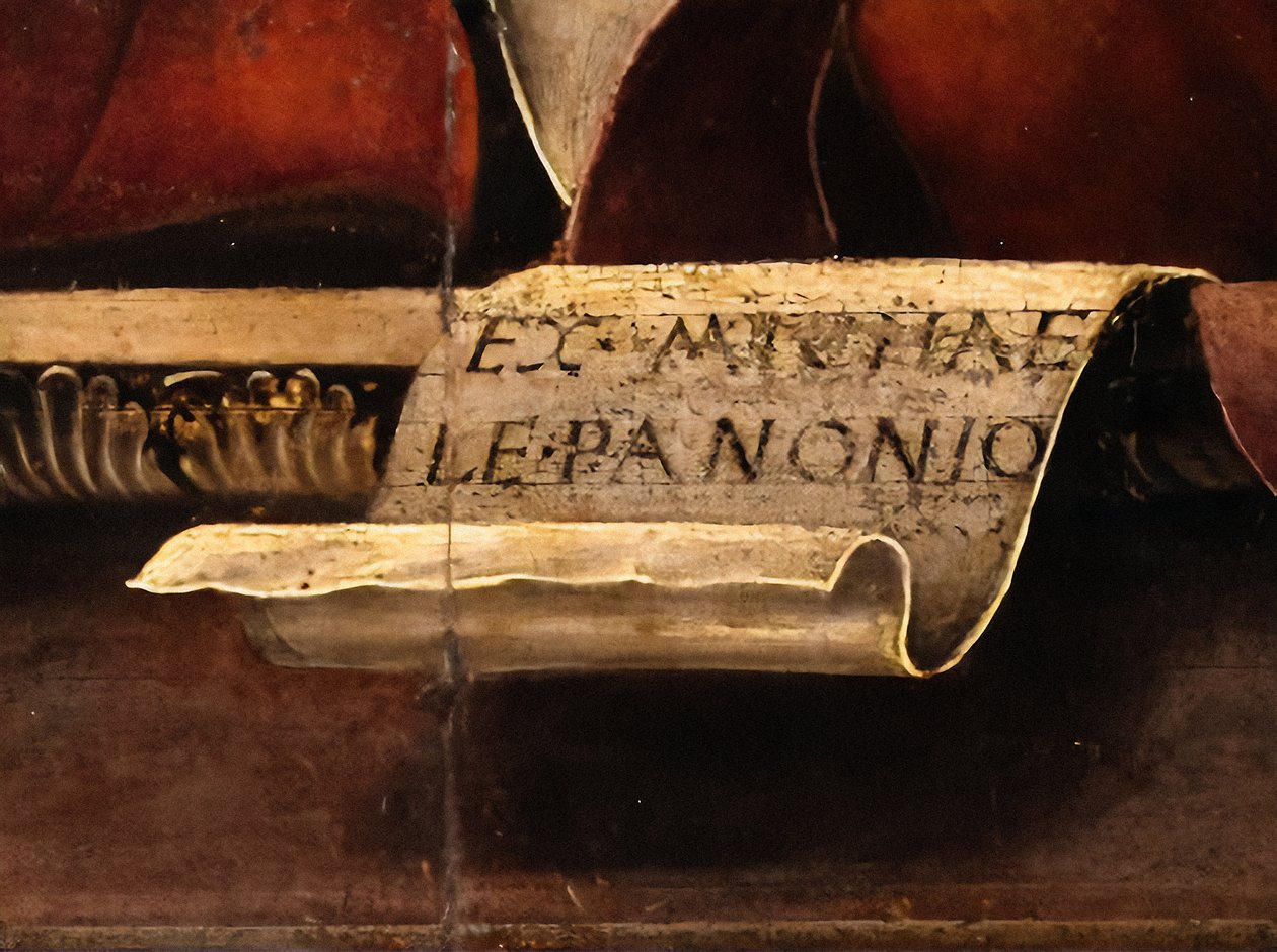 De Muze Thalia, detail, ca. 1456-57 (olieverf en tempera op populier) door Michele Pannonio