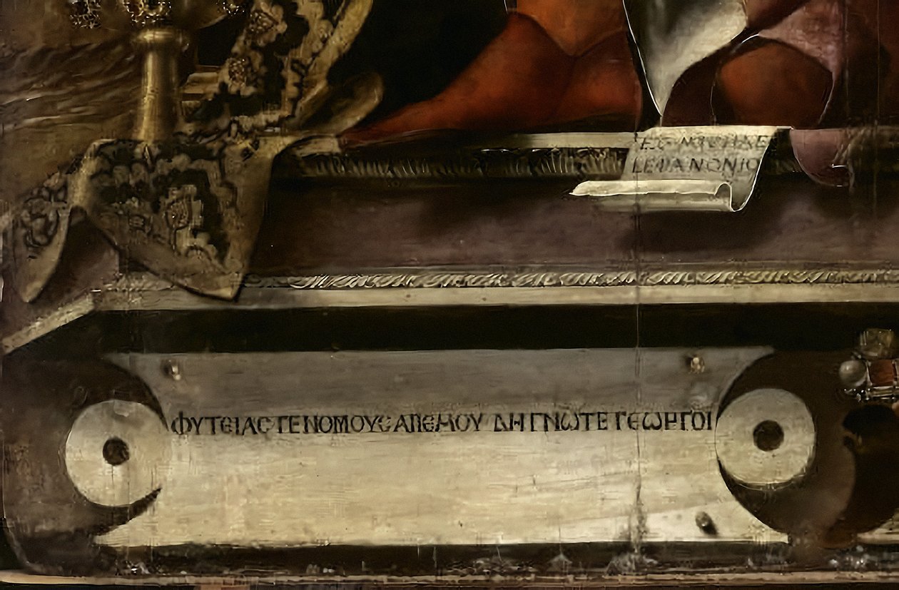 De Muze Thalia, detail, ca. 1456-57 (olieverf en tempera op populier) door Michele Pannonio