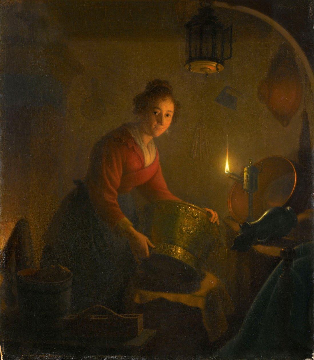 Vrouw in een keuken bij kaarslicht, ca. 1830 door Michiel Versteegh