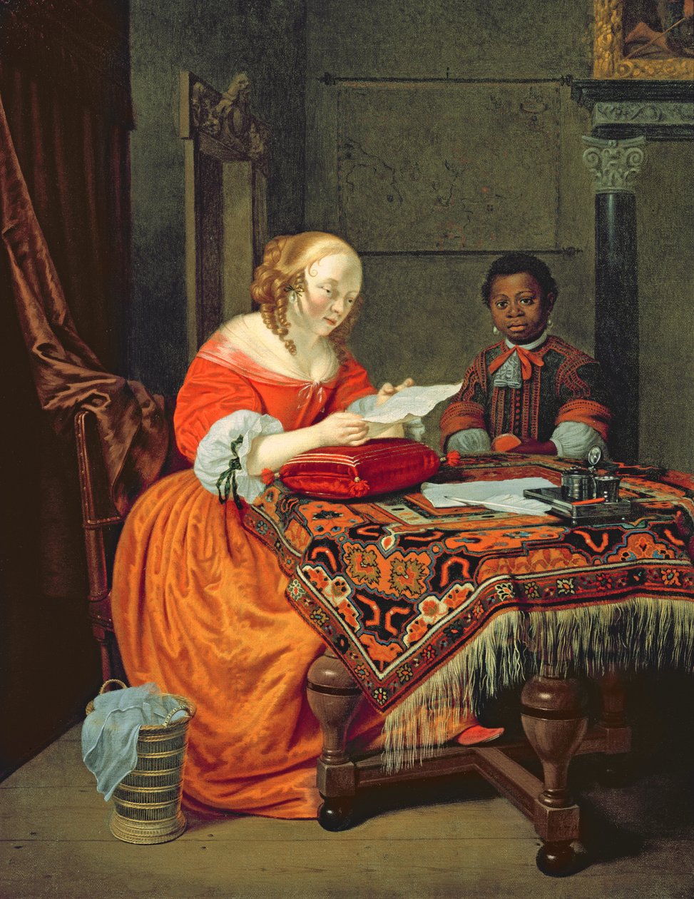 Een vrouw die een brief leest met een zwarte bediende, 1670 door Michiel van Musscher