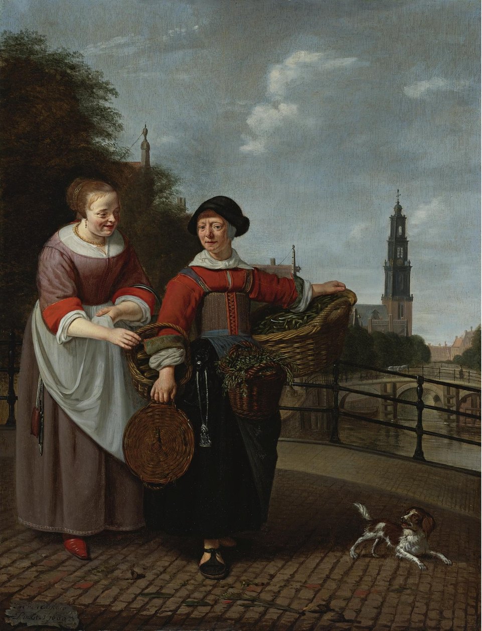 Een groenteverkoopster en een huisvrouw bij de Eenhoornsluis in Amsterdam, op de achtergrond de Westertoren door Michiel van Musscher