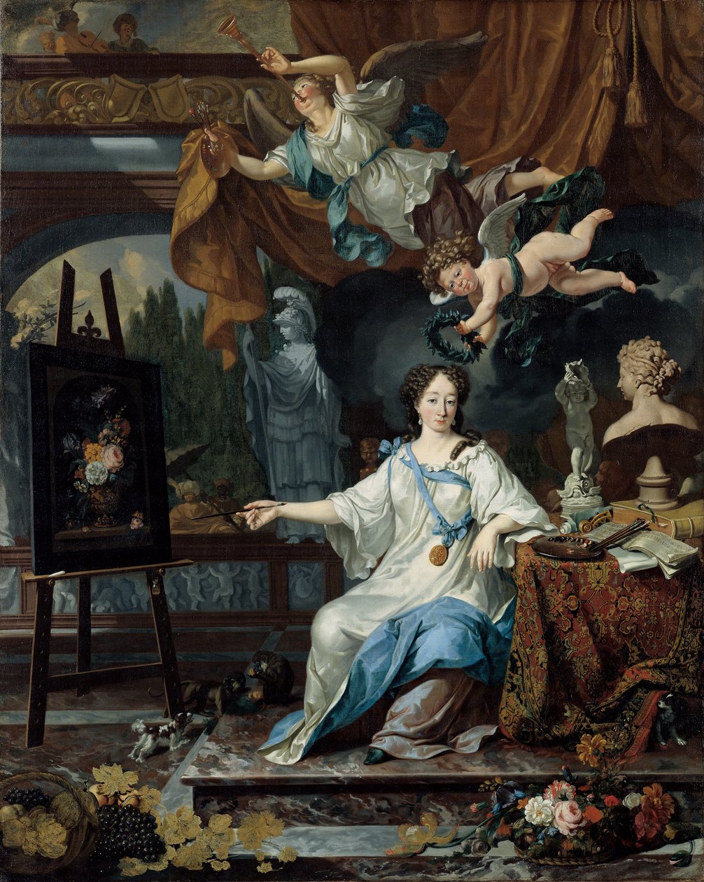 Allegorisch portret van een kunstenaar in haar atelier, ca. 1675-1685 door Michiel van Musscher