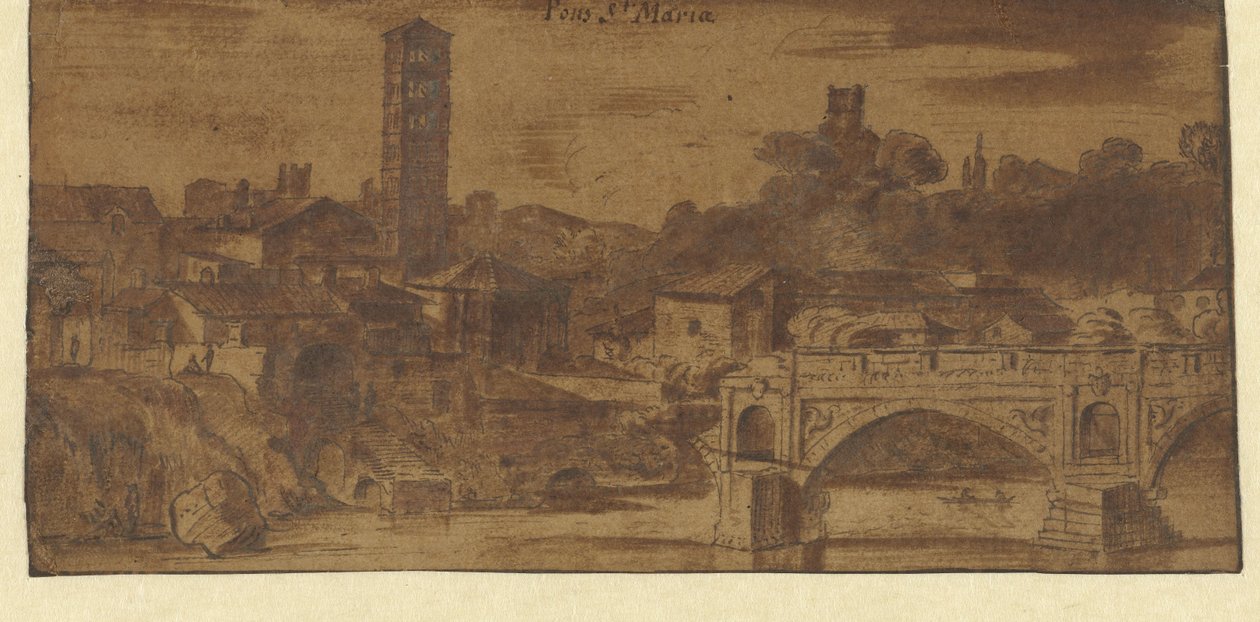 Gezicht op de S. Maria in Cosmedin, de Vesta tempel en de Ponte S. Maria te Rome door Michiel van Overbeek