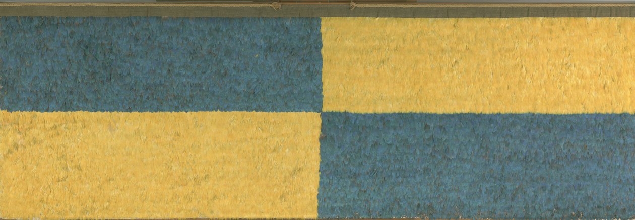 Paneel met rechthoeken van blauw en geel verenwerk, c. A.D.650-850 door Middle Horizon Epoch 2A