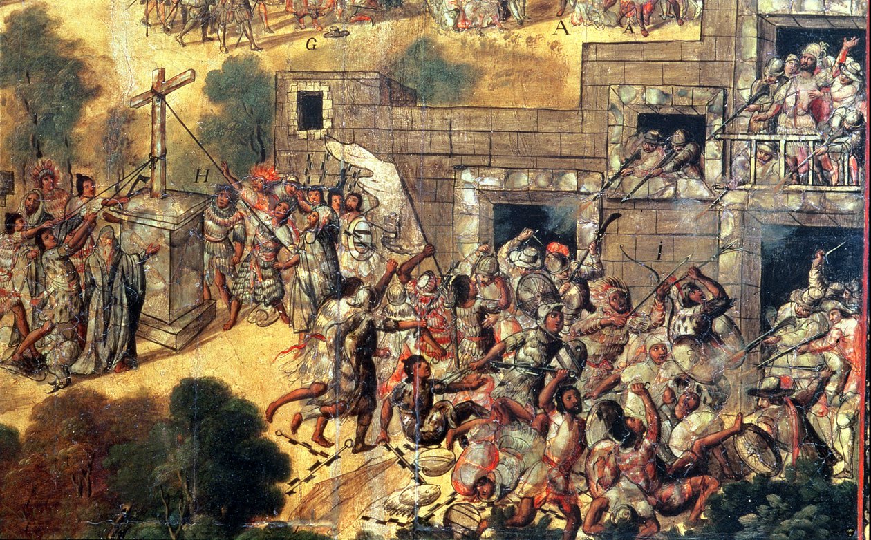 (detail) Poging om het Kruis neer te halen tegenover de afgoden en het gooien van stenen en pijlen tegen Montezuma (1466-1520) 1698 door Miguel Gonzalez