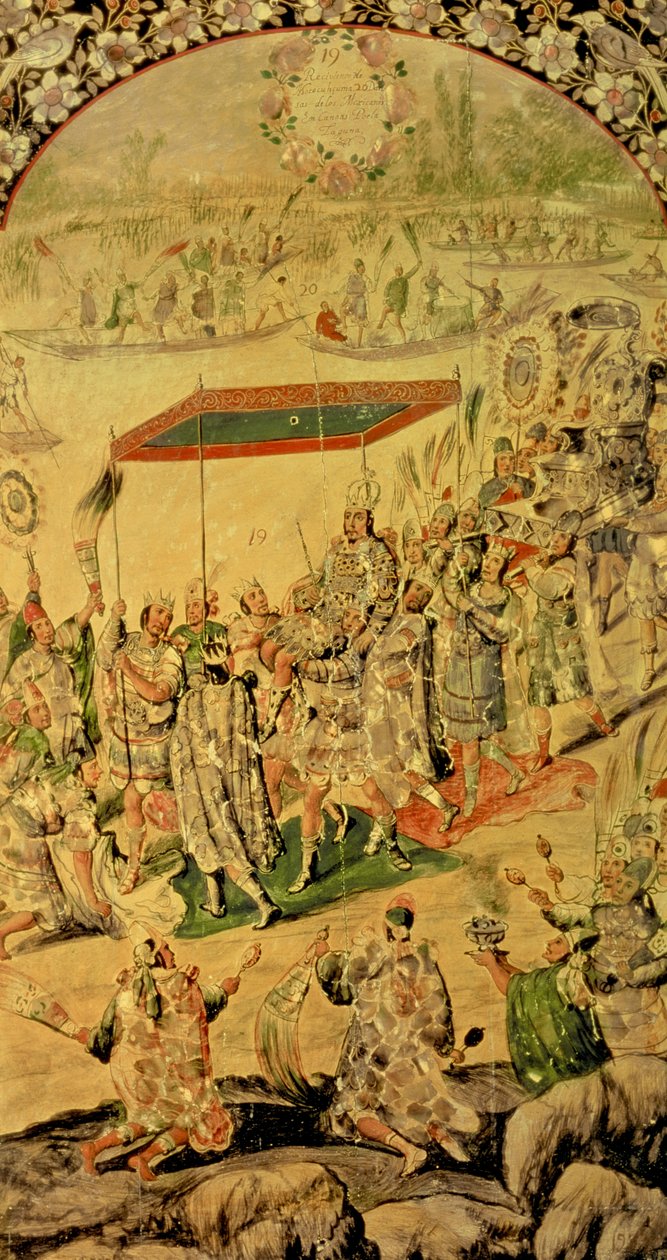 Een van een paar panelen die de ontmoeting tussen Hernando Cortes en Montezuma uitbeelden: Montezuma en zijn volgelingen, 1698 door Miguel and Juan Gonzalez